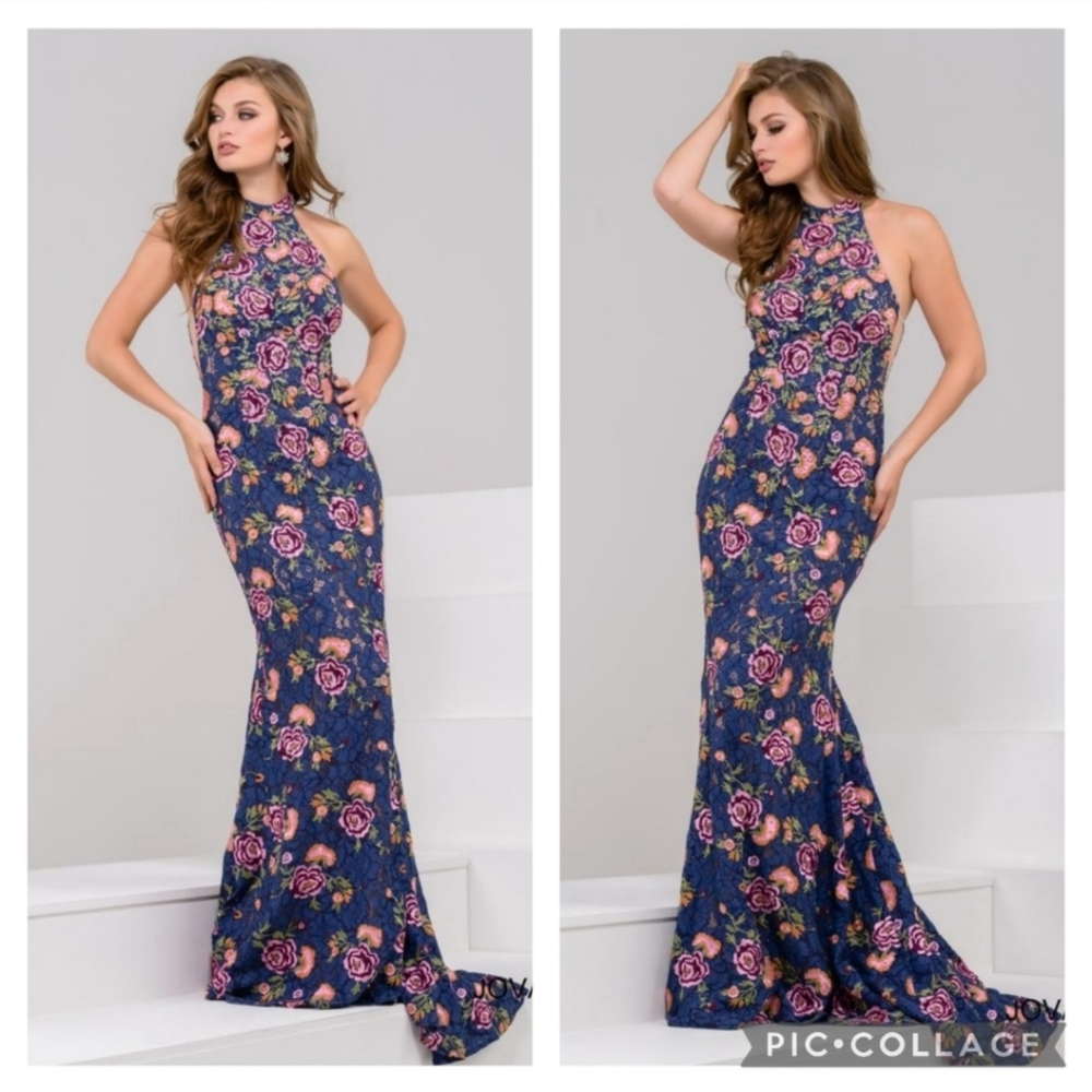 JOVANI Floral Embroidered Sequins Halter Formal Evening Gown Size 2